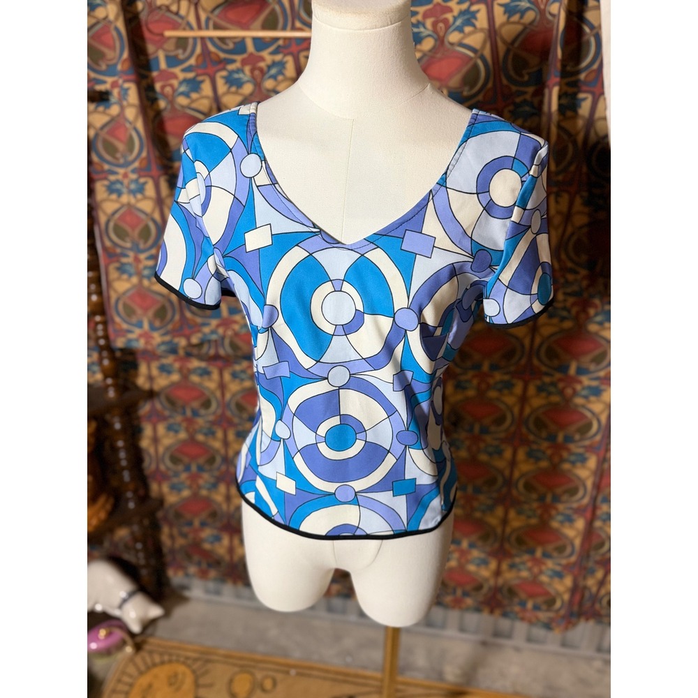 Brioche California Retro‎ Geometric Print Short Sleeve Button Back Top Size 3/4